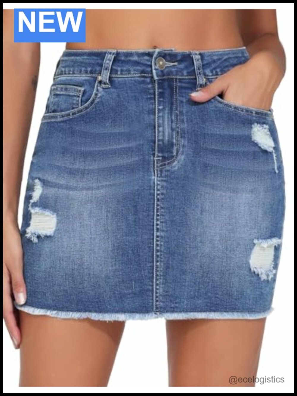 Ripped Denim Mini Skirt Stretchy High Rise Bodycon Raw Hem